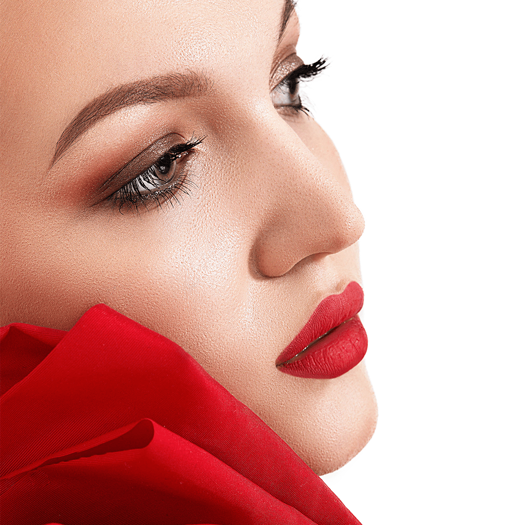 Beauty portrait with natural skin, styled hair and makeup detail