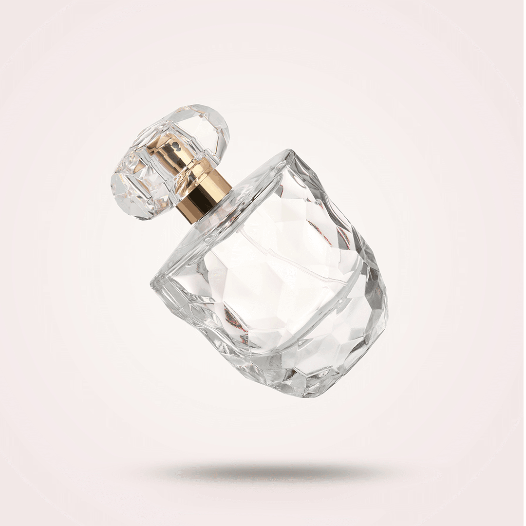 Fragrance bottle with sculptural styling and product presentation