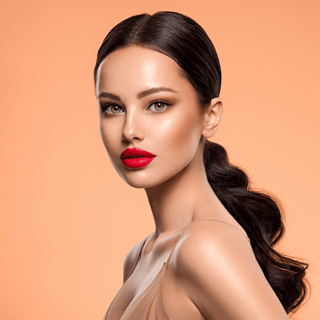 Beauty portrait with natural skin, styled hair and makeup detail